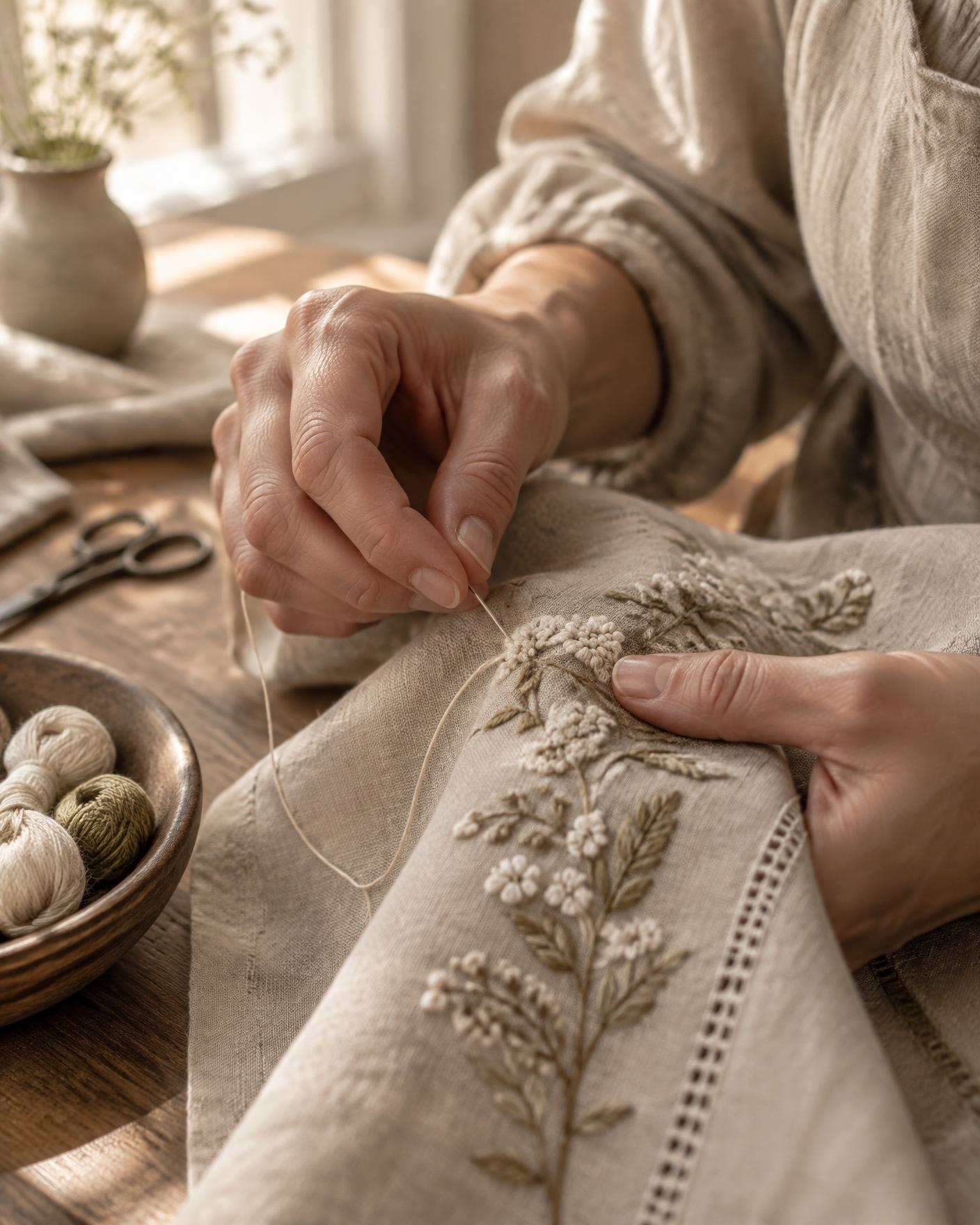 Hands working carefully with natural linen